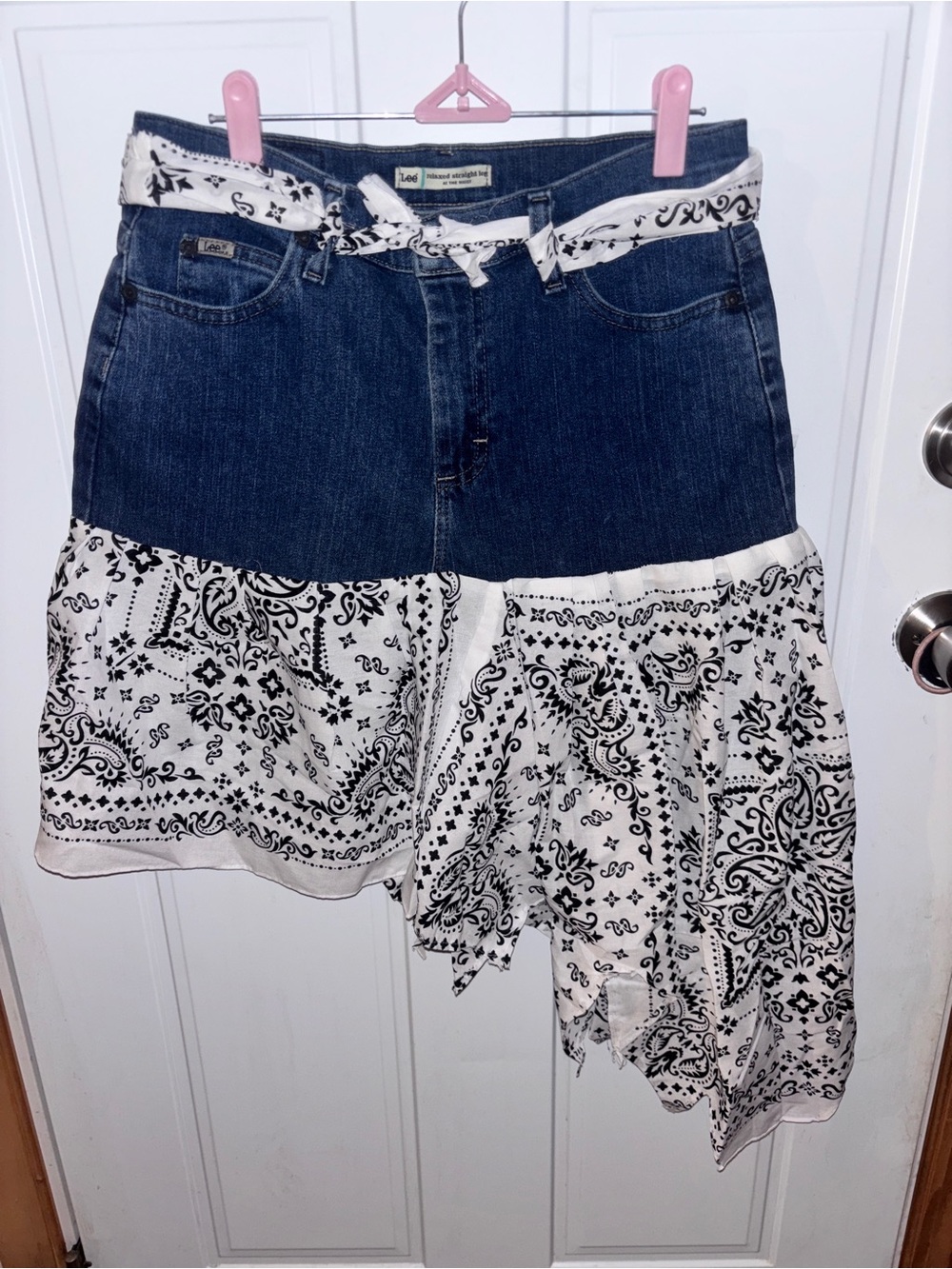 Lee Denim Sz.6 Upcycled Skirt with Black & White Bandana Panels